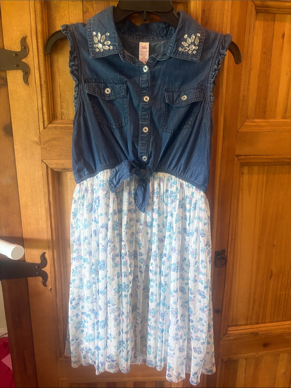 Justice Denim Tie-Front Dress with White & Blue Floral Skirt